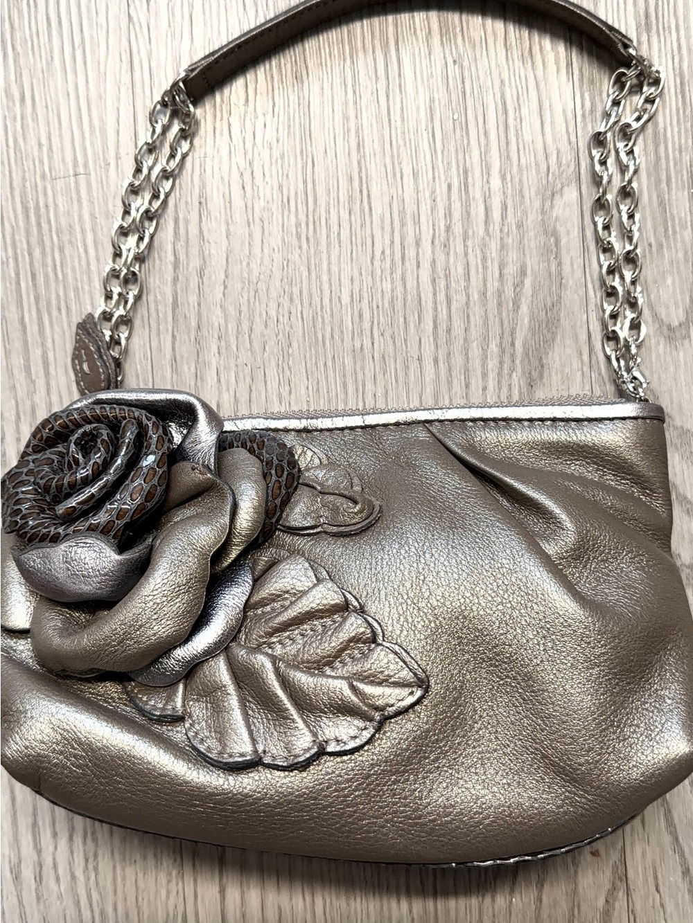 Metallic Taupe Leather Floral Chain-Handle Shoulder Bag